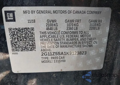 2019 Chevrolet Impala Lt z USA, uszkodzony, nr VIN 2G11Z5SA1K9123823